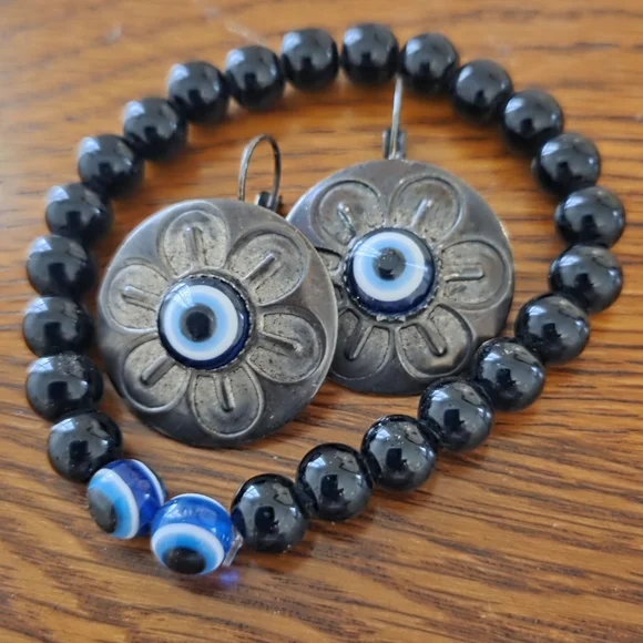 TURKISH Black an Blue Evil Eye Jewelry Set - Picture 1 of 5